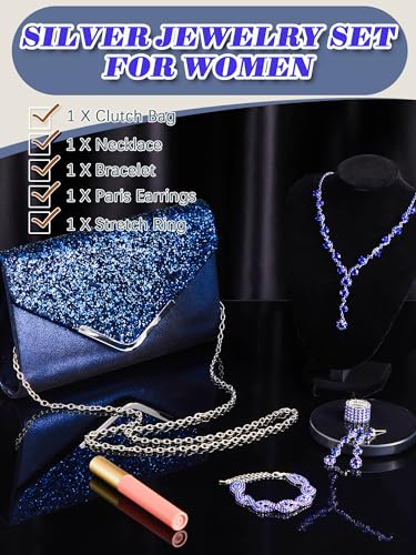 Henoyso 5 Pcs Purse Rhinestone Jewelry Set Prom Jewelry Rhinestone Clutch Purse Necklace Earrings Bracelets for Women Bride(Royal Blue) by Henoyso - Used condition - Image 8
