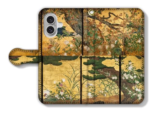 手帳型 iPhone17互換 スマホケース 【世界の名画】 長谷川等伯 ☆日本画☆ 水墨画 雪舟五代 桃山時代 アート 絵画 芸術 日本 和 和風 伝統 (松に秋草図)
