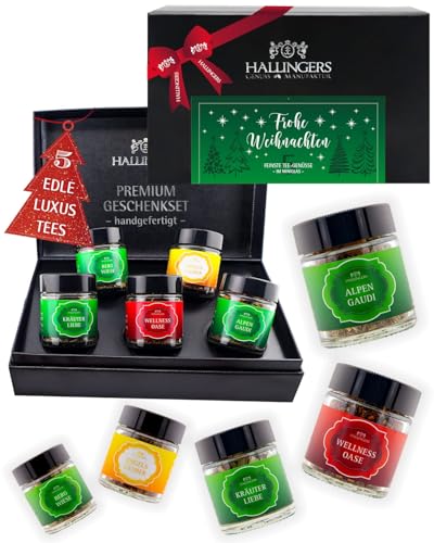 Hallingers Genuss Manufaktur Tee Geschenkset Weihnachten – 5 Sorten Premium loser Tee im Glas in edler Geschenkbox, veganes Tee Set Green Christmas Probierset, Geschenkidee für Frauen für Männer