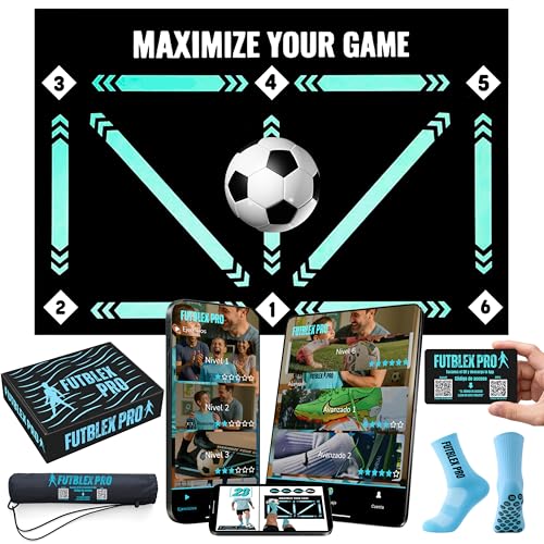 Fußball-Trainingsmatte – inklusive Trainings-App mit interaktiven Videos und progressiven Routinen + rutschfeste Socken, Tragetasche und Premium-Geschenkbox