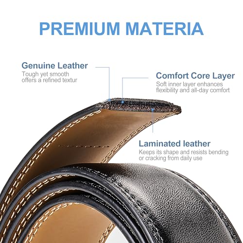 Men's Leather Ratchet Belt, 1-3/8" Wide, Auto Buckle, Trim-to-Fit, No Holes, Casual & Formal, Gift Box3