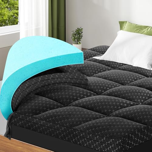 Dual Layer 3 Inch Memory Foam Mattress Topper California King Size, 2 Inch Gel Memory Foam Plus 1 Inch Cooling Pillow Top Mattress Pad Cover, with 8-21 Inch Deep Pocket, Black