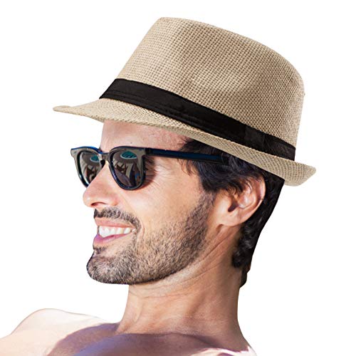 Straw Fedora Hats For Men - Beige Hat For Men Summer Casual Fedora Hat With Band (One Size: 7 1/4, Fits Head Circumference 22" - 22 7/8") #TOP4