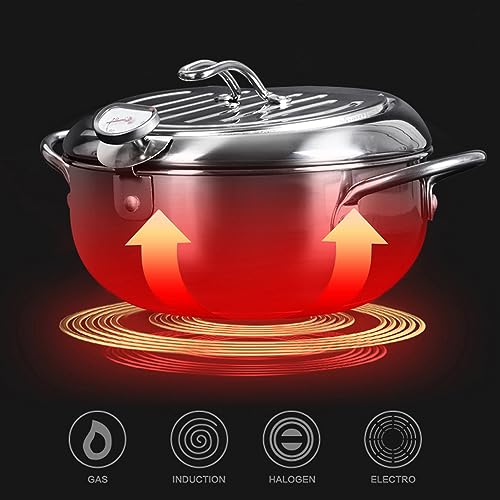 Image of Deep Fryer Pot - Japanese Tempura Small Deep Fryer Stainless Steel Frying Pot With Thermometer,Lid And Oil Drip Drainer Rack for French Fries Shrimp Chicken Wings and Shrimp (28cm /11inch)