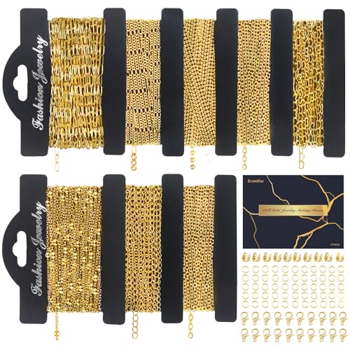 Ecoofor 18k Gold Necklace Chains for Jewelry Making 52.5 Feet 8 Rolls Bracelet Chains for DIY 6.5 Feet Each Style Gold Plated Chain with Jump Rings/Lobster Clasps/Connectors