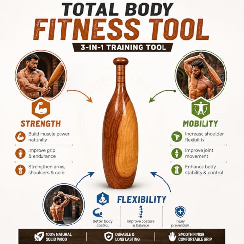 Image of Zain Sports Wooden Oval Shape Mugdar | Clubbell Exercise Equipment | Indian Club Karla Kattai Gada, Functional Training for Home Gym Full Body Workout (5KG)