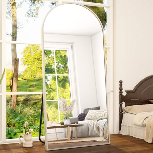 Image of Arch Top Full-Length Mirror | Floor Standing or Wall Mounted | Minimalist Design in Gold, Black & Silver | Oversized Mirror for Bedroom & Entryway (Silver, 170x70 cm)