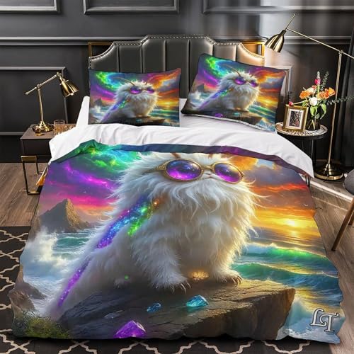 Chat blanc ensemble de lit 3D King 220x240cm en microfibre avec taie d'oreiller