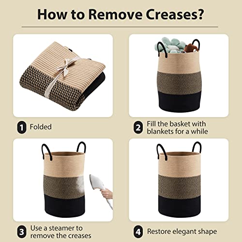 Fiona's Magic Woven Laundry Hamper, Tall Cotton Rope Laundry Basket, Large Boho Storage Basket For Blankets, Toys And Clothes Hamper For Bedroom And Living Room Organizing, Jute, 58L, Brown & Black #TOP5