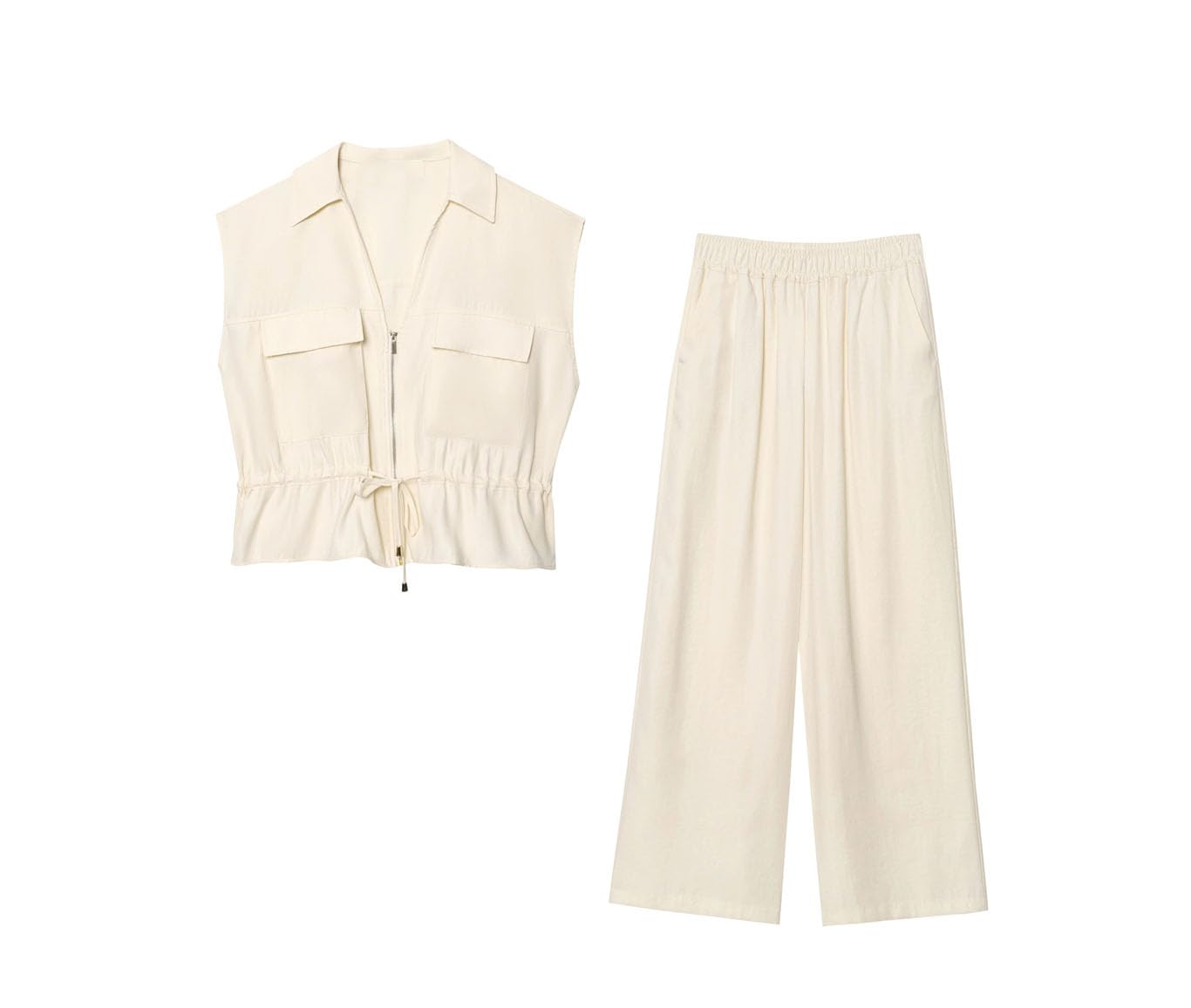 Womens Summer Shirt 2 Piece Set Sleeveless Pleated Top Loose Trousers Office Ladies Suit