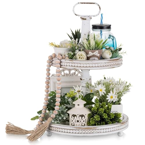 Hanobe Holztablett Deko Tablett Etagere: Weiß Gewaschen Rund Holz Dekotablett 2 Etagere Bauernhaus mit Perlen Rand Vintage Shabby Serviertablett für Home Wohnzimmer Küche Tisch
