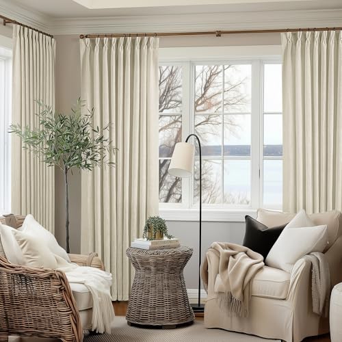 Image of TWODRAPES Extra Wide Pinch Pleat Curtains 60 Inch Wide Beige Linen for Living Room Light Filtering Semi Sheer Pleated Curtains for Patio Glass Sliding Door Dining Bedroom Large Window 60x96 1 Panel
