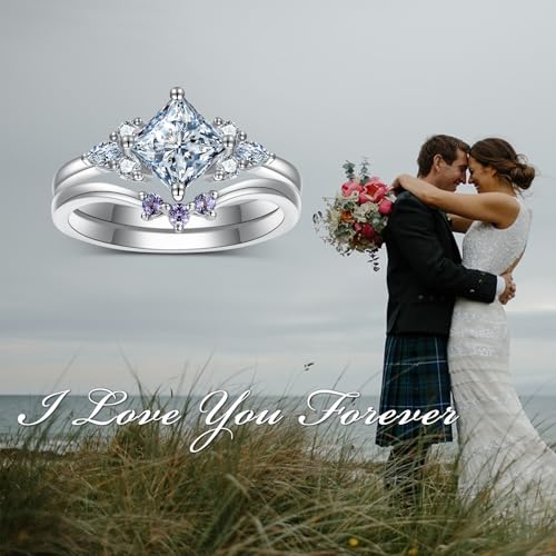 Princess-Cut Moissanite Engagement Rings Sets for Women,10K 14K 18K Solid Gold Amethyst Wedding Bands Sets,Bridal Ring Sets with Free Engraving4