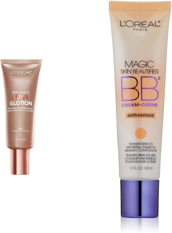 L'Oreal ParisMakeup True Match Lumi Glotion Natural Glow Enhancer, Illuminator Highlighter Skin Tint, 1.35 oz and Magic Skin Beautifier BB Cream Tinted Moisturizer, 1 oz