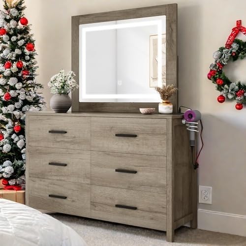 YITAHOME Makeup Vanity with Lighted Mirror, 6-Drawer Dresser with Mirror, Vanity Desk with Large Storage Unit, 3-Mode Light Strip for Bedroom, Dressing Table with Power Outlet, Light Grey