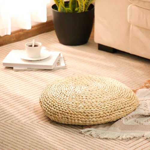 PIDUDU Handgefertigtes gewebtes Bodenkissen, Hockerkissen, rundes Rattan-Sitzkissen, Tatami-Kissen, Yogamatte, dicke Matte, Meditationsmatte, Wurfkissen für Zuhause, Büro, Garten, Innen- und