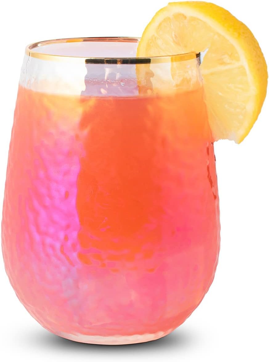 Rainbow Hammered Iridescent Stemless Wine & Water Glasses - Set of 4-100% Glass 15oz Mouthblown Colorful Pearl Glasses - Anniversaries, Birthday Gift, Cocktail Party Radiance - Water, Whiskey, Gift