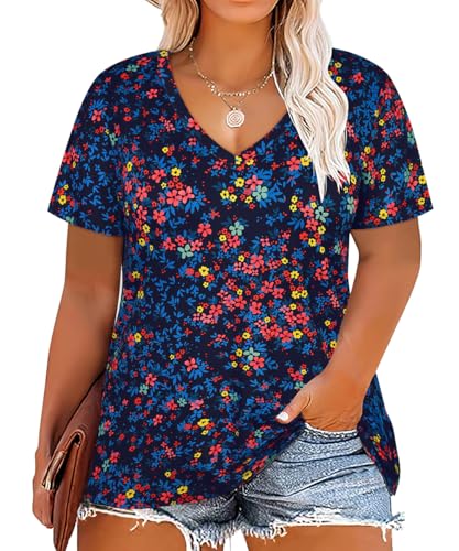 Image of RITERA Women Plus Size Tops Tie Dye V Neck Shirt Floral Camo Summer Short Sleeve Tunic Oversized Ladies Blouse XL-5XL