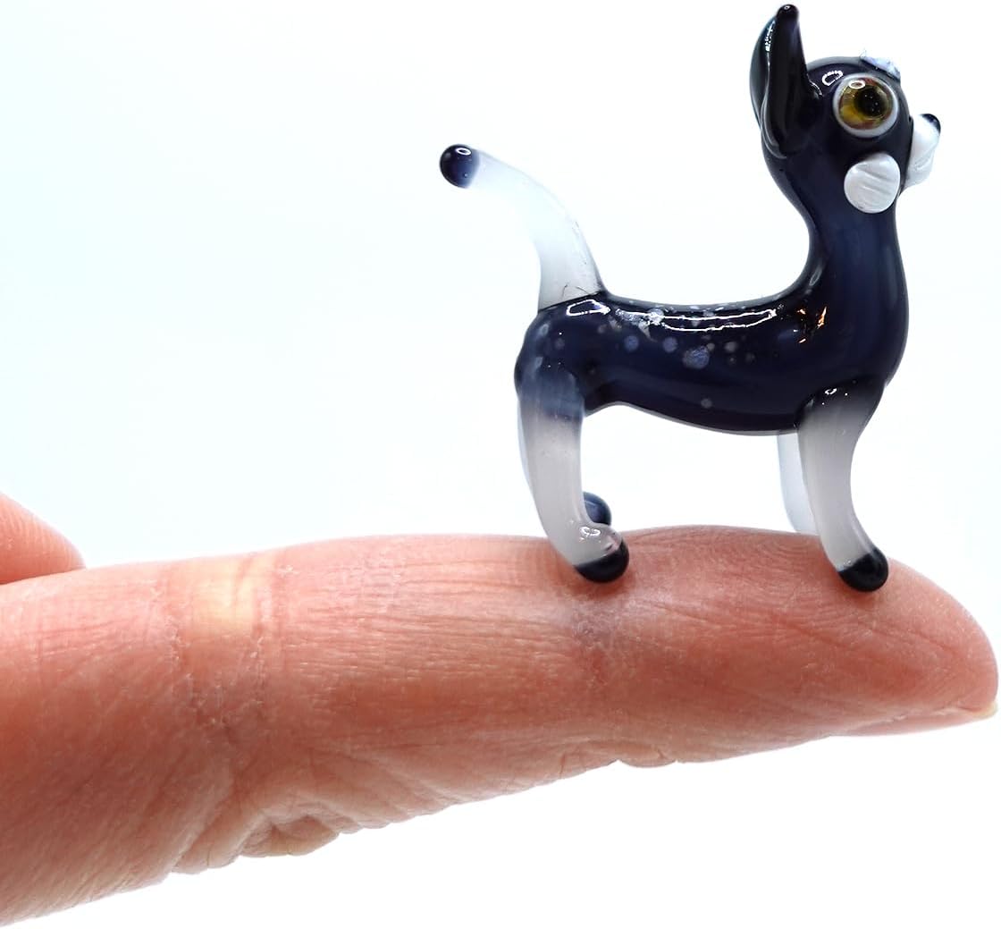 Tiny Cat Miniature Glass Figurine – Handmade Blown Glass Animal – Cute Collectible Cat Sculpture – Fairy Garden Pet Décor Gift (Black Stand)