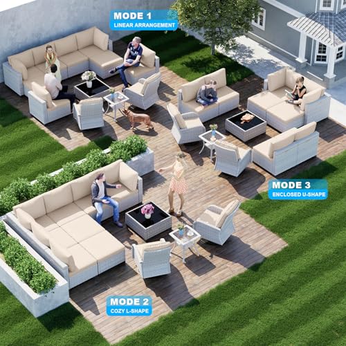 Image of Outdoor PE Wicker Rattan Modular Patio Sectional Sofa Set | 12-Piece: 6 Modular Seats, Coffee Table, 2 Swivel Rocking Chairs, Side Table & 2 Ottomans, Khaki