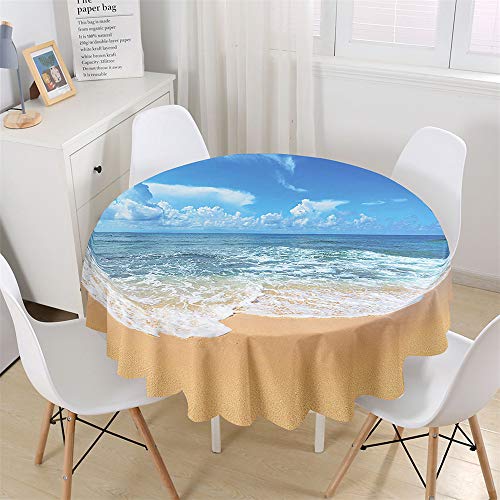 Chickwin Nappe Ronde Anti Tache Impermeable Motif de Bord de mer Nappe en Polyester Entretien Facile Lavable,Décoration pour Table à Manger de Cuisine/Jardin/Pique-Nique (Vagues Blanches,90cm) Cover