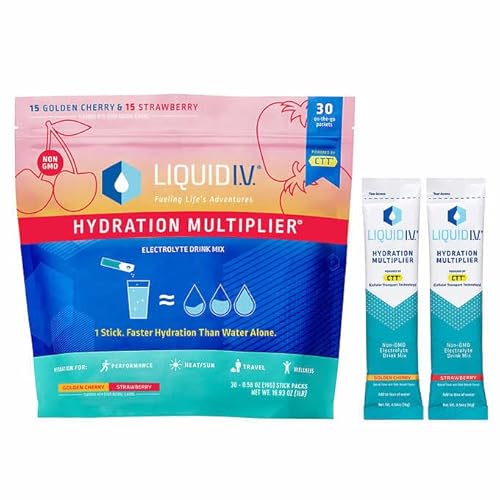 Liquid I.V Hydration Multiplier Drink Mix - 30 Individual Stick Packets - Variety Flavors Golden Cherry and Strawberry - 480 Grams