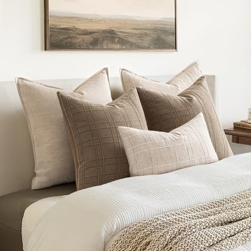 Image of MIULEE Decorative Linen Check Lumar Throw Pillow Covers Neutral Farmhouse Vintage Pillow Covers 12x20 Set of 2 Boho Modern Home Decor for Sofa Couch Bedroom Cushion Natural Beige