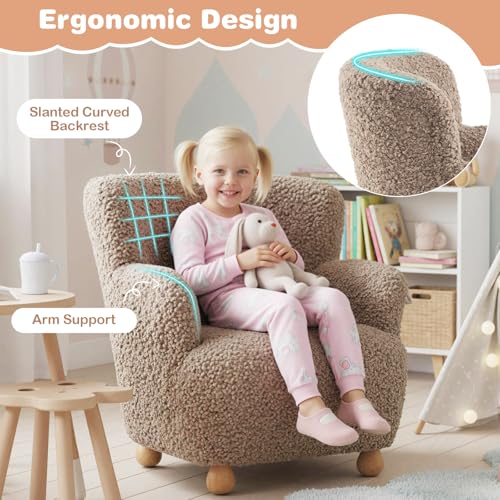 Image of KOTEK Comfy Toddler Chair, Sherpa Kids Armchair with Rubber Wood Legs, Children Reading Chair for Boys & Girls, Upholstered Kids Sofa for Playroom Bedroom Nursery (Brown)