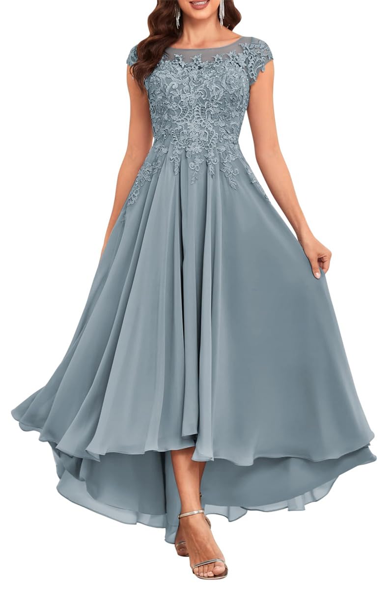 Kurface Women's Dusty Blue Mother Of The Groom Dresses For Wedding Tea Length Petite Lace Appliques Chiffon Prom Formal Gowns Uk16