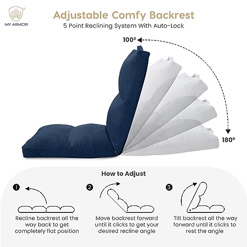 MY ARMOR Reclining Floor Chair for Living Room | Meditation Chair | Adjustable Back Rest with 5 Position Lock-in | Back Support | Maintain Posture While Sitting on Floor for Yoga/Pooja - Navy Blue - Image 6