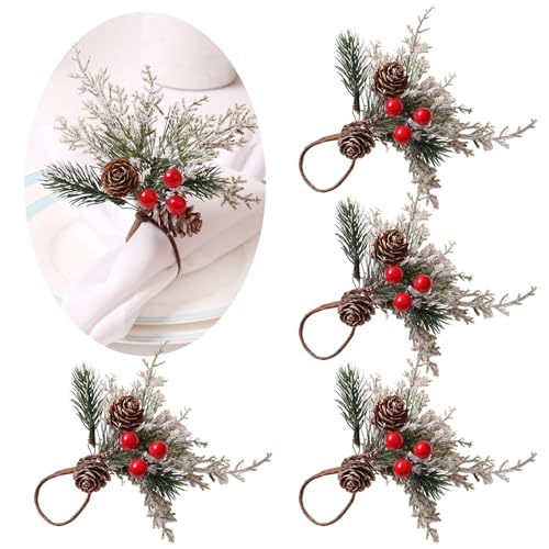 Christmas Napkin Rings Pine Cone Cedar Red Berry Needle Napkin Holder Table Decoration Xmas Buckle Holder for Christmas New Year Wedding Party Banquet Table Decor 4Pcs