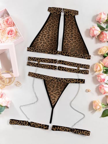 Image of Foxiny Sexy Halter Heart Ring Cutout Chain Floral Lace Sheer Garter Belt Lingerie Set 3 Piece