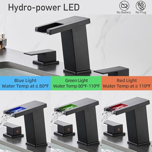 AVSIILE LED Bathroom Faucet 3 Hole, Matte Black Waterfall Bathroom Faucets, 8 Inch Widespread Modern Bathroom Sink Faucet & Parts, Wide Spread Touch On Three Hole 2 Handle Bathroom Vanity Faucet - Image 2