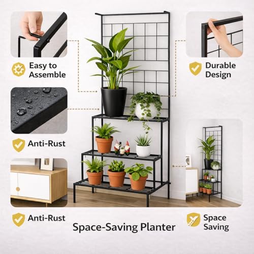 Image of Giore 4-Tier Plant Stand with Premium Black Finish, Large Indoor & Outdoor Living Room, Balcony & Patio, Flower Pot Display Shelf, Home Dcor, Plant stand For Balcony