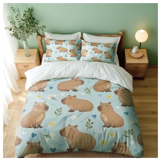Bonito juego de funda de edredón con estampado de capibara, ropa de cama cálida de estilo de dibujos animados para dormitorio infantil (02, doble + 50 x 75 cm x 2)