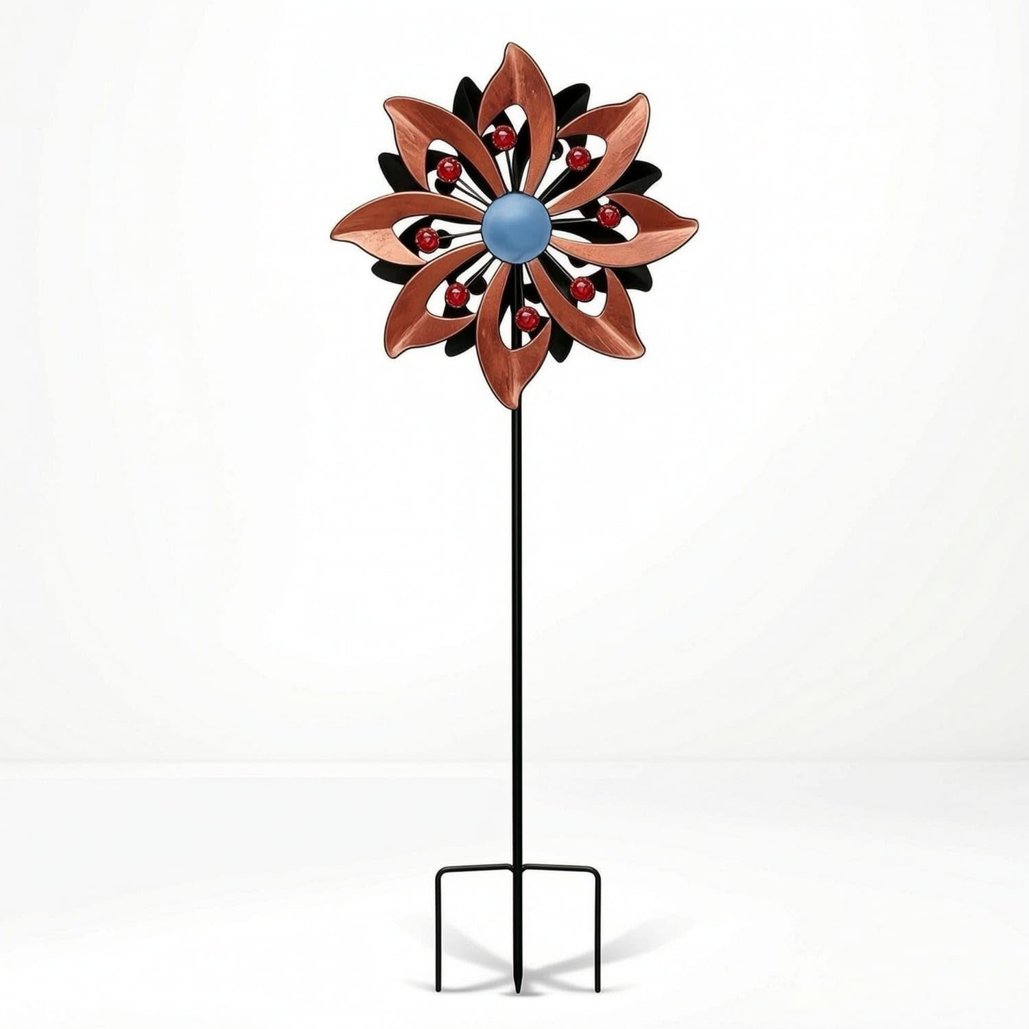 Double-Sided Metal Pinwheel with Gem Accents Kinetic Wind Rotator with Stake Colorful Metal Wind Rotator Weather-Resistant for Gardeners, Homeowners, Red Copper-image-26