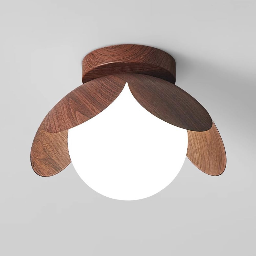 Plafonnier en verre blanc laiteux de haute qualité et métal aspect bois de noix