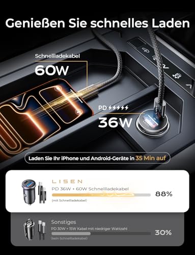LISEN 54W Zigarettenanzünder USB C PD&QC3.0 12V USB Adapter Auto Ladegerät mit 60W Kabel Metall USB Zigarettenanzünder Adapter KFZ Ladegerät USB C für iPhone 17 Pro Max Air 16 Samsung S25 Ultra IPad – Bild 6