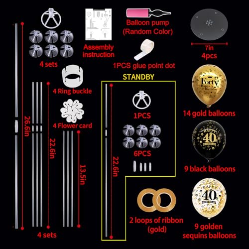 Image of TONIFUL 4 Set Black Gold 40 Printed Balloon Stands for 40th Birthday Decor
