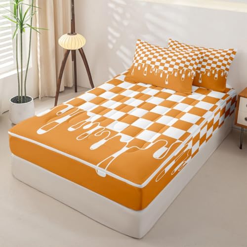 Image of Orange Checkered Twin Zip Up Comforter Set for Boys Girls,Checkerboard Drip Printed Bedding with Matching Fitted Sheet & Pillow Shams,Indie Aesthetic Funky Modern Geometric Durable Kids Bed in a Bag