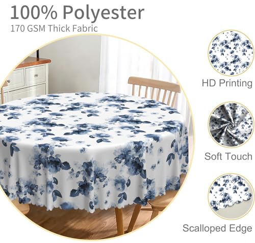TTQYFNM Watercolor Blue Floral Round Tablecloth 60 Inch Navy Blue and White Circular Table Cover Waterproof Stain Resistant Table Cloth for Home Kitchen Dining Room Patio Indoor Outdoor Party Supplies by TTQYFNM - Used condition - Image 3