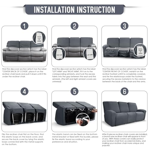 Image of TAOCOCO Recliner Sofa Covers 8-Pieces Stretch Large Couch Covers for 3 Seats Reclining Slipcovers Soft Jacquard Pattern Furniture Protector (Grey)