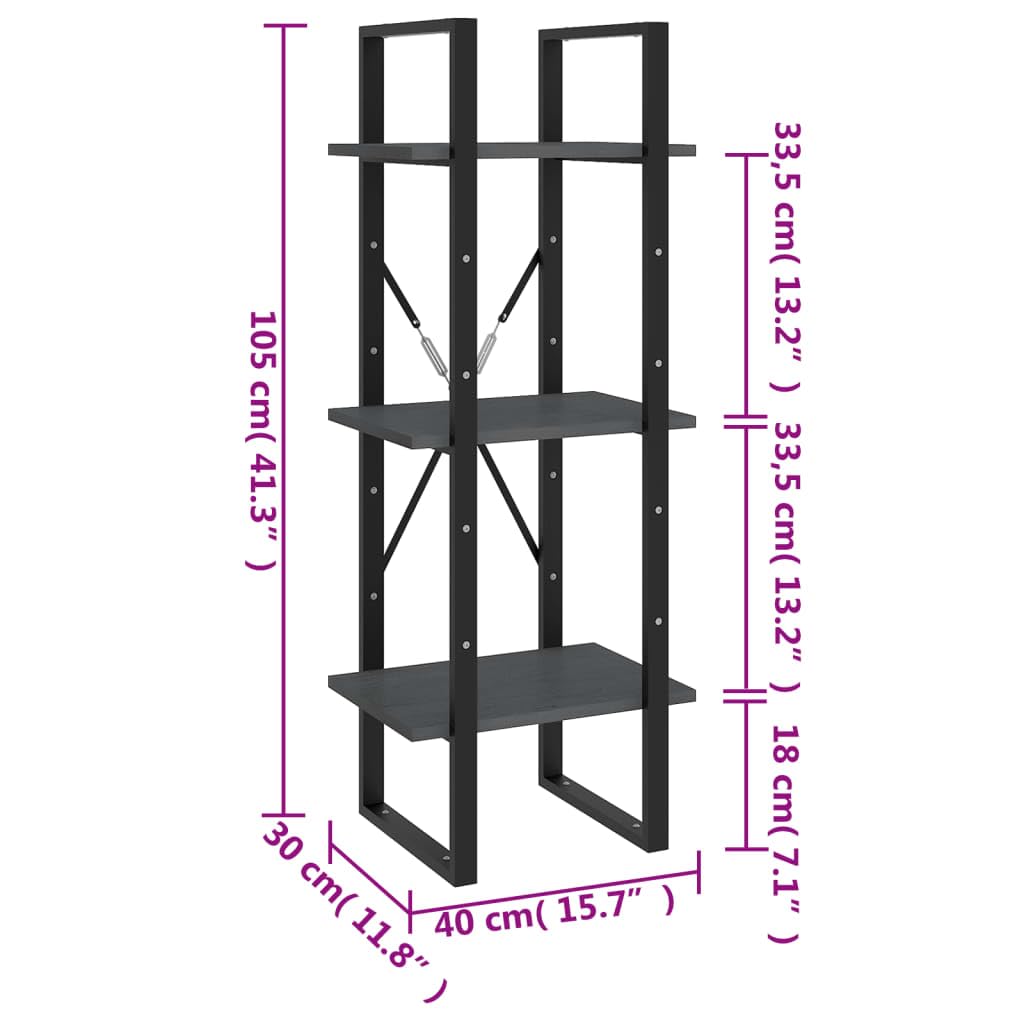 Générique Bibliothek mit 3 Ebenen, Grau, 40 x 30 x 105 cm, massives Kiefernholz | Dekoratives industrielles Regal, großer Stauraum für Bücher, leicht zu reinigen, feuchtes Tuch
