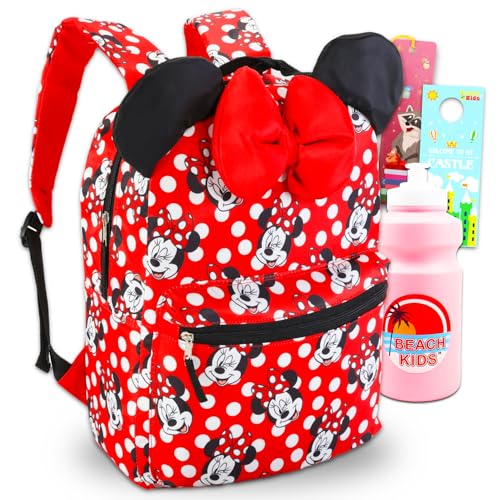 Minnie Mouse Backpack with Ears and Bow for Girls - 16” Minnie Mouse School Backpack Plus Water Bottle, Bookmark, More | Deluxe Bundle Minnie Mouse School Bag for Kids
