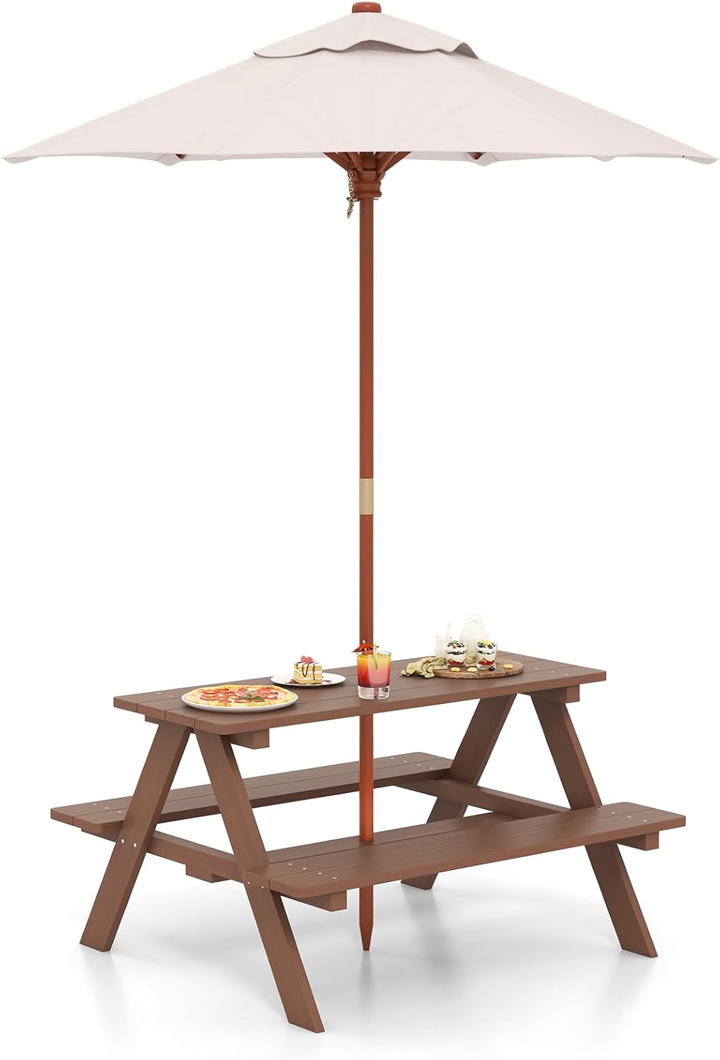 HOMGX Kids Outdoor Table with Umbrella, Wooden Toddler Picnic Table & Bench Set, Children’s Backyard Furniture, Patio Picnic Table for Kids 2-5, Boys & Girls