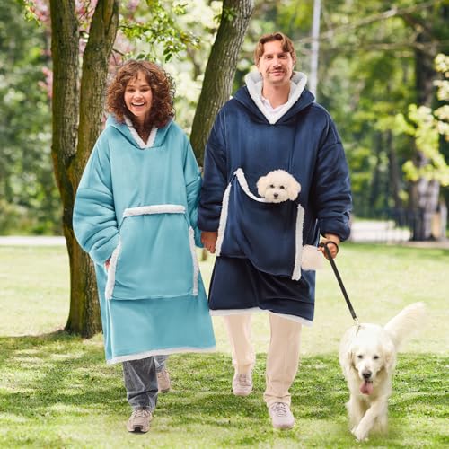 JOYWOO Turquoise Teal Wearable Blanket Hoodie, Oversized Cat Lovers Sweatshirt Blanket for Adult & Teens, Birthday Gifts for Women Men Mom Girl Boys,Cozy Sherpa Fuzzy Blanket Giant Pocket Gifts,Small
