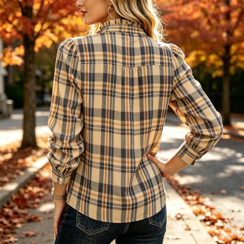 Womens Gingham Top Dressy Casual Long Sleeve Henley Ruffle Collar Shirt - image 7