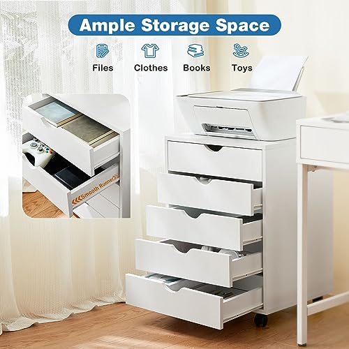 Image of OLIXIS 5 Drawer File Cabinet on Wheels, Printer Stand | Fits Under Desks, Wood Storage Organization Holds Printer, Office Supplies, Not For Hanging Files, For Home Office Use White