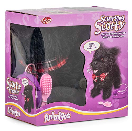 Tobar Animigos 28779 Scurrying Scotty, süßer schwarzer Plüschhund, Terrier mit roter Fliege, ca. 22 cm groß, kann laufen und bellen, mit Bürste und Leine, für Kinder ab 18 Monaten