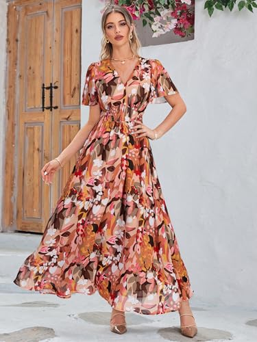 Image of Simplee Women's Boho Floral Maxi Dress Flowy Casual V Neck Short Sleeve Wedding Guest Holiday Beach Long Dress
